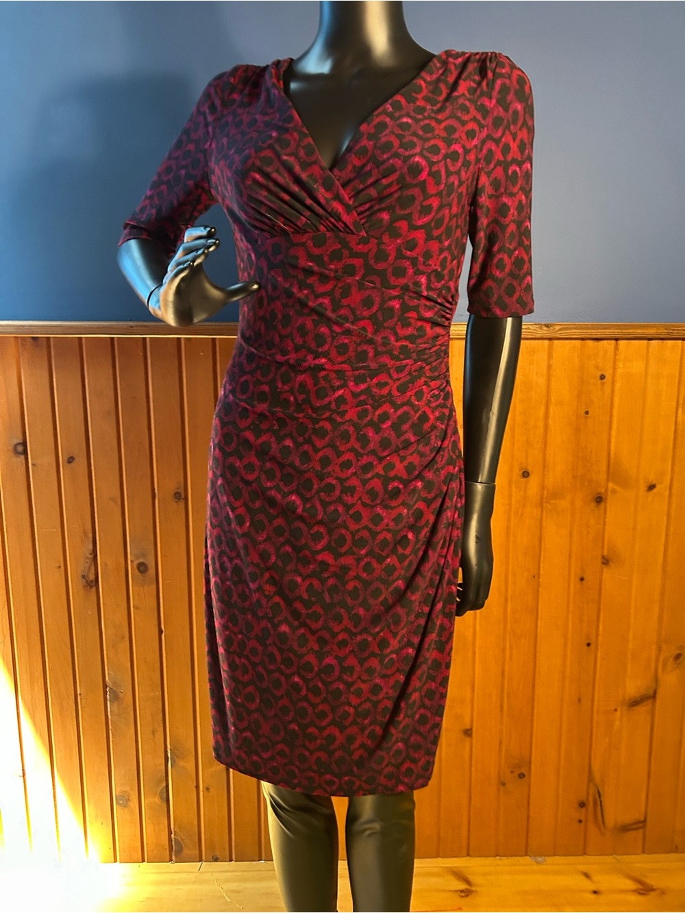 Ralph Lauren Women's Burgundy and Black Printed Wrap-Style Dress